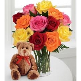 10 Mix Roses With Teddy